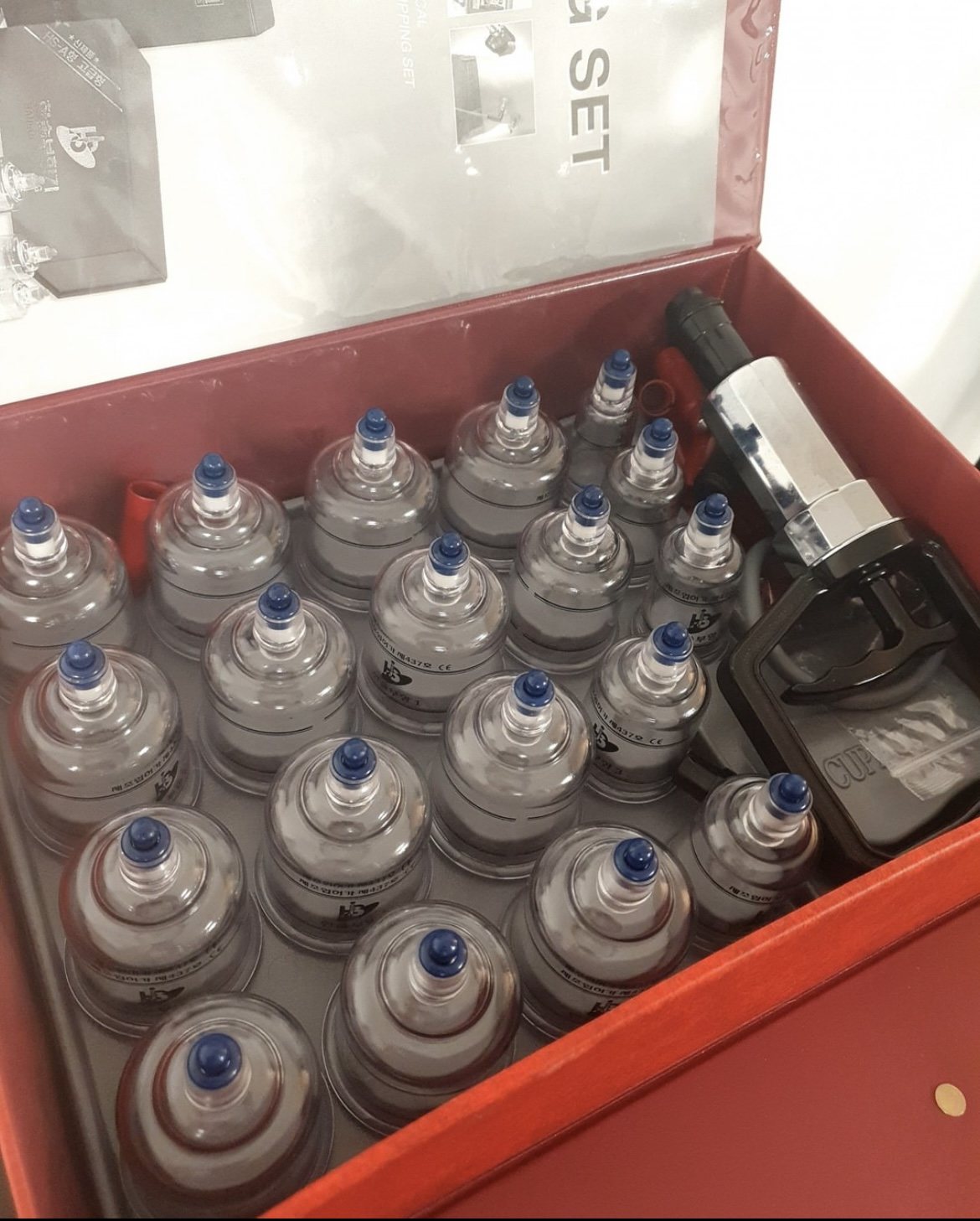 A boxed set of cupping therapy cups